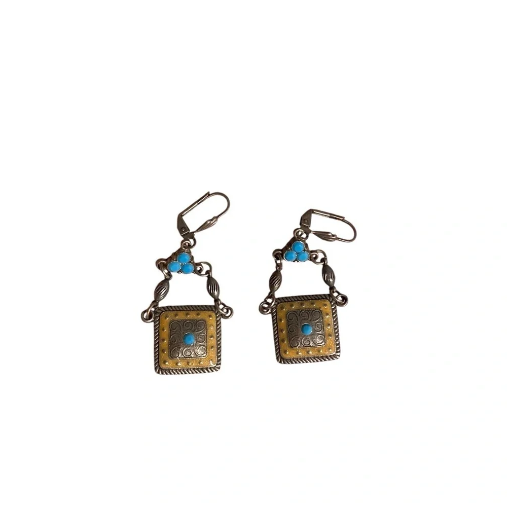 Vintage Silver Tan Enamel Turquoise Dangle earrings Gives Native Boho Western